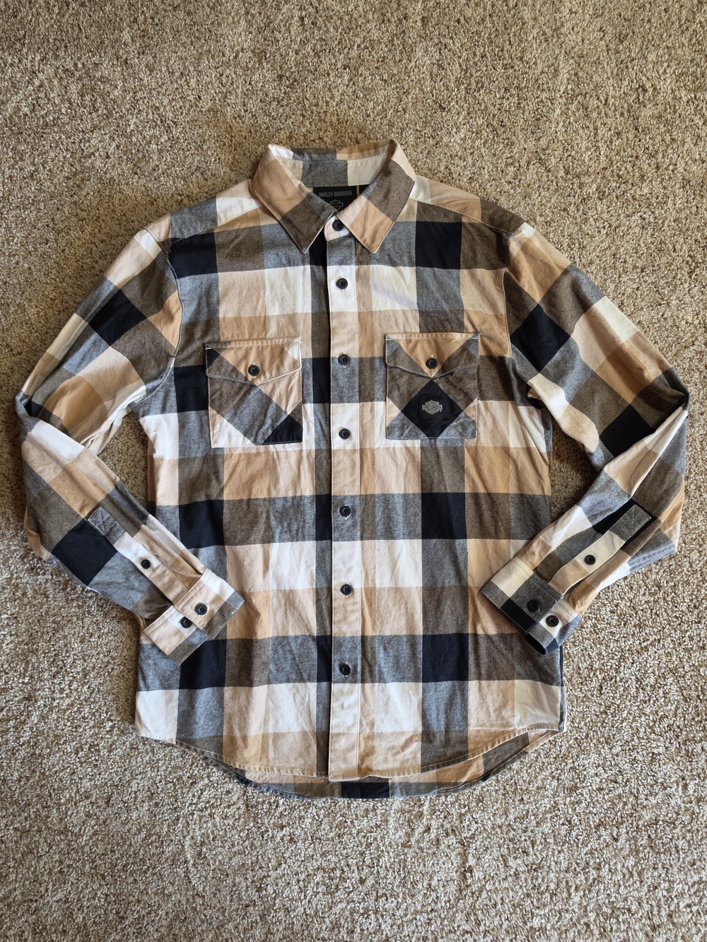 Harley-Davidson Beige, Black & Gray Plaid Button-Down Shirt